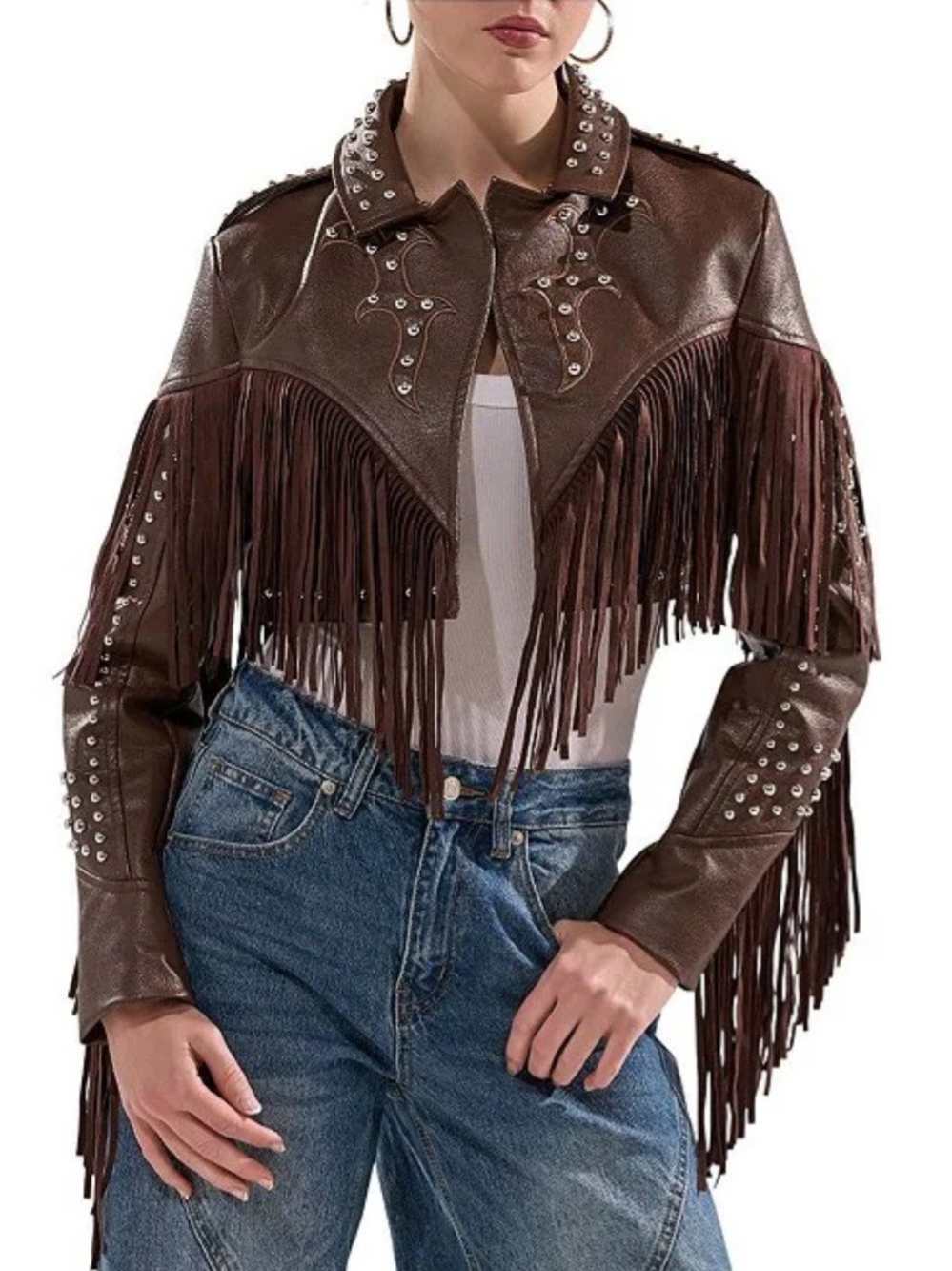 Reece Faux Leather Fringe Studded Notch Collar Bolero Jacket